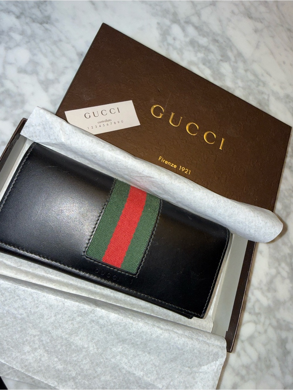 Gucci Black Leather Key & Card Holder with Green and Red Web